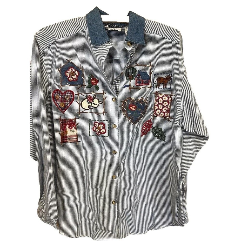 Casey & Max Grandma Core Embroidered Shirt 90’s NWT Striped Denim Womens Small